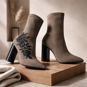 KHAKI STRETCH EMBROIDERED SOCK BOOTS BY QUPID size 5.5